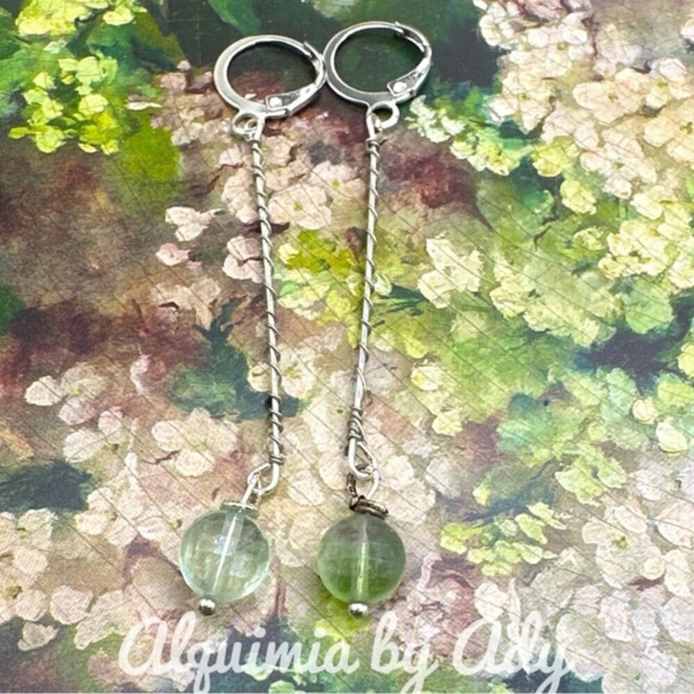 Long dangle bar fluorite mint green earrings